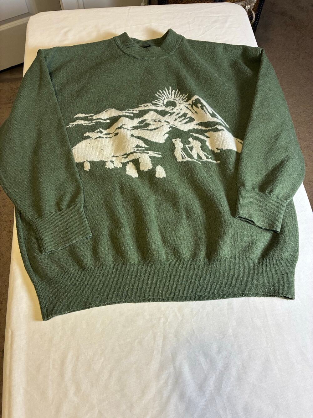 Cider Green Mountain Landscape Sweater S Cottagecore Nature Graphic Pullover
